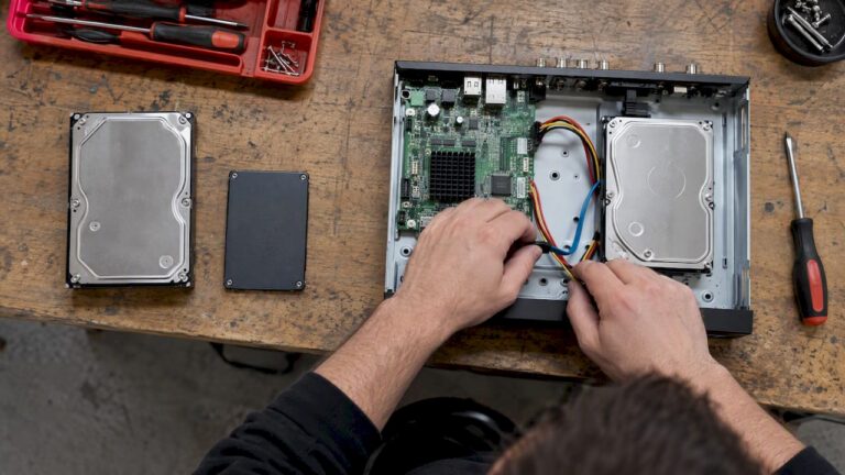 HDD and SSD beside an open NVR