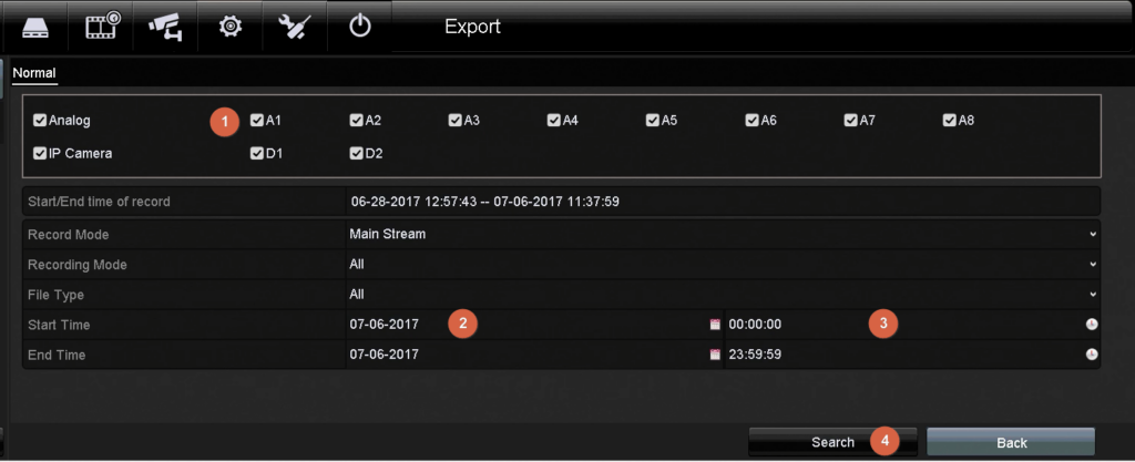 Older 3.0 interface: select channels and the export time range.
