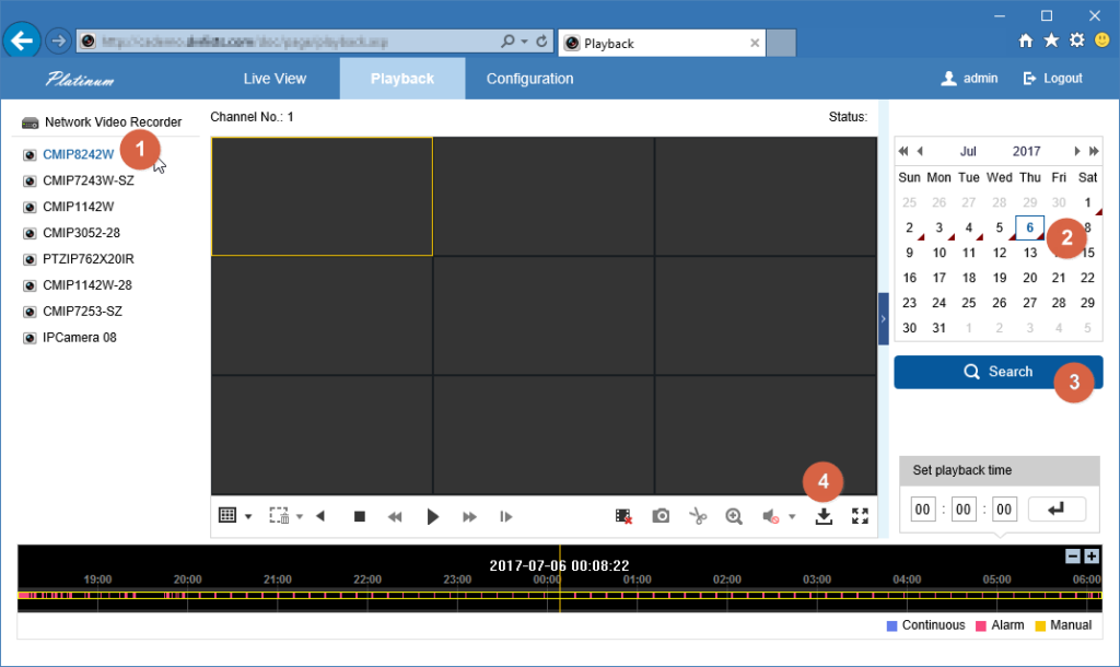 Legacy LTS web Playback: camera list, date selection and playback timeline.