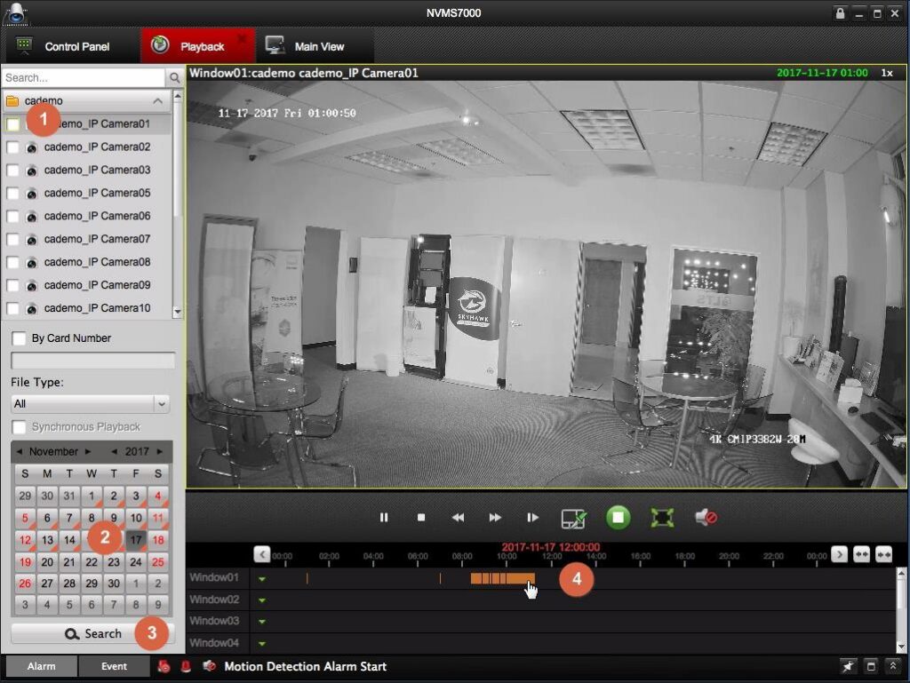 Legacy NVMS7000 for Mac: camera selection, calendar, search and playback timeline.