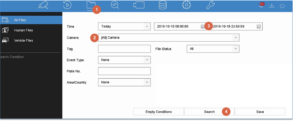 NVR 4.0 File Management: search by camera and time range.