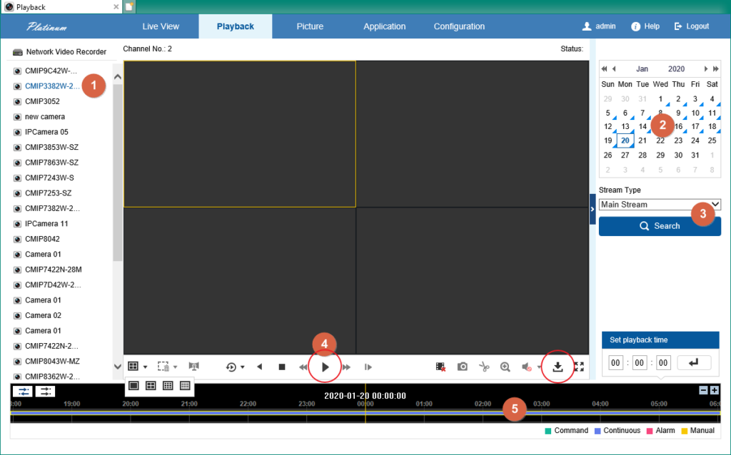Legacy LTS web client: choose a camera and date in Playback; the lower toolbar includes Download.