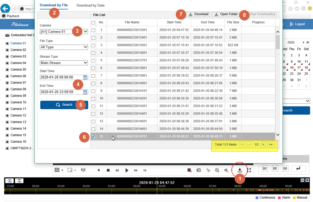 Download by File: select the camera and time range, search, then download the selected results.