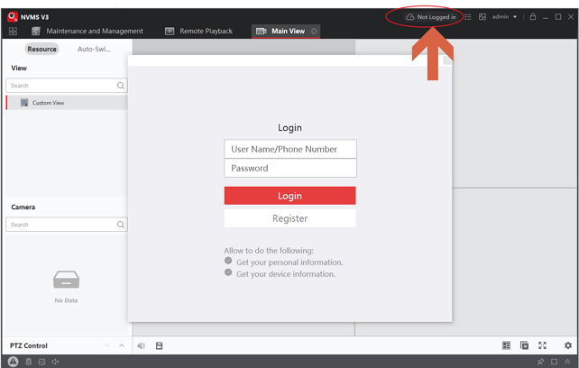 NVMS V3: the cloud control opens the PT Cloud sign-in panel.