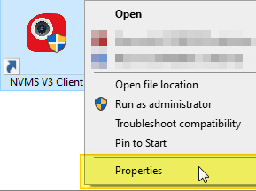 Windows: open Properties from the NVMS shortcut.
