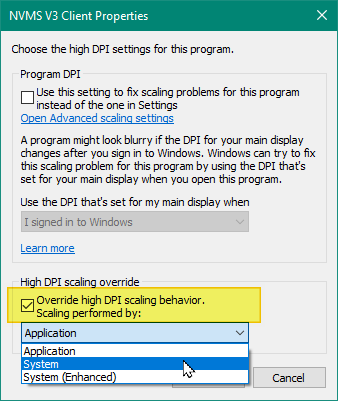 Windows high-DPI override with System selected.