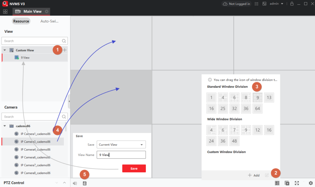 NVMS V3: create a Custom View, choose the layout, drag in cameras, then save.