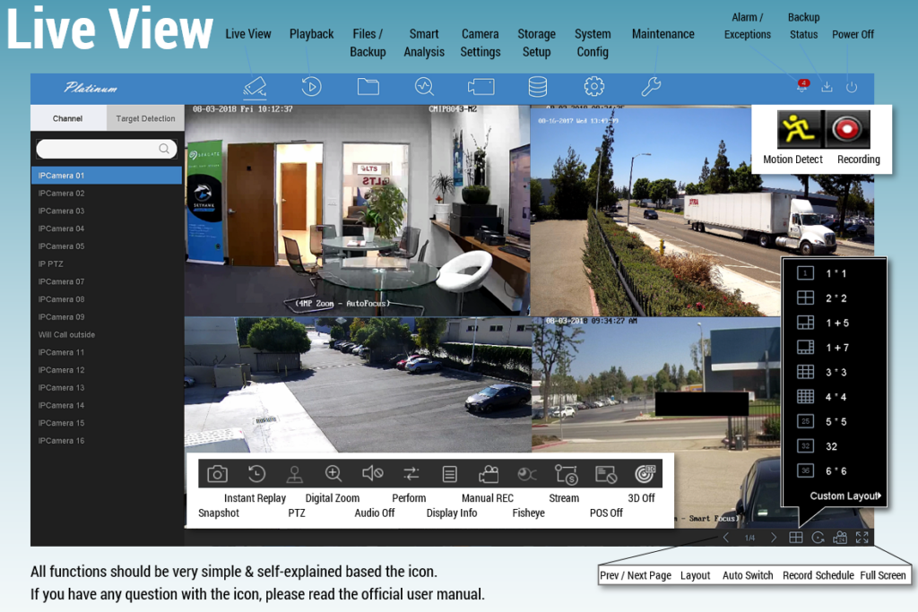 NVR 4.0 Live View: annotated channel panel and viewing controls.