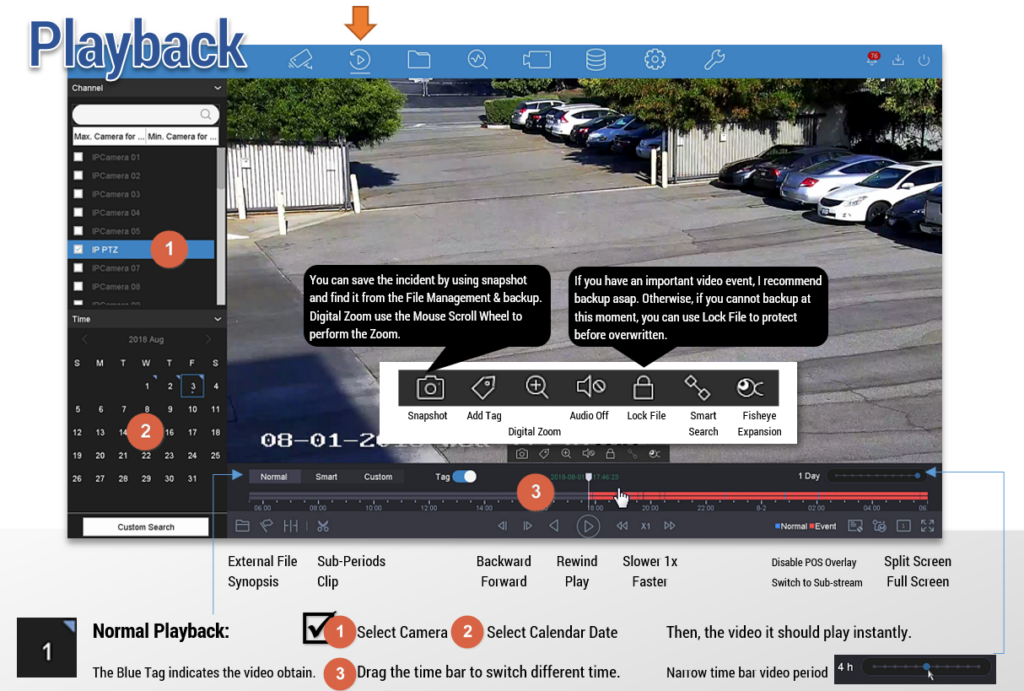NVR 4.0 Playback: camera selection, calendar and playback toolbar.