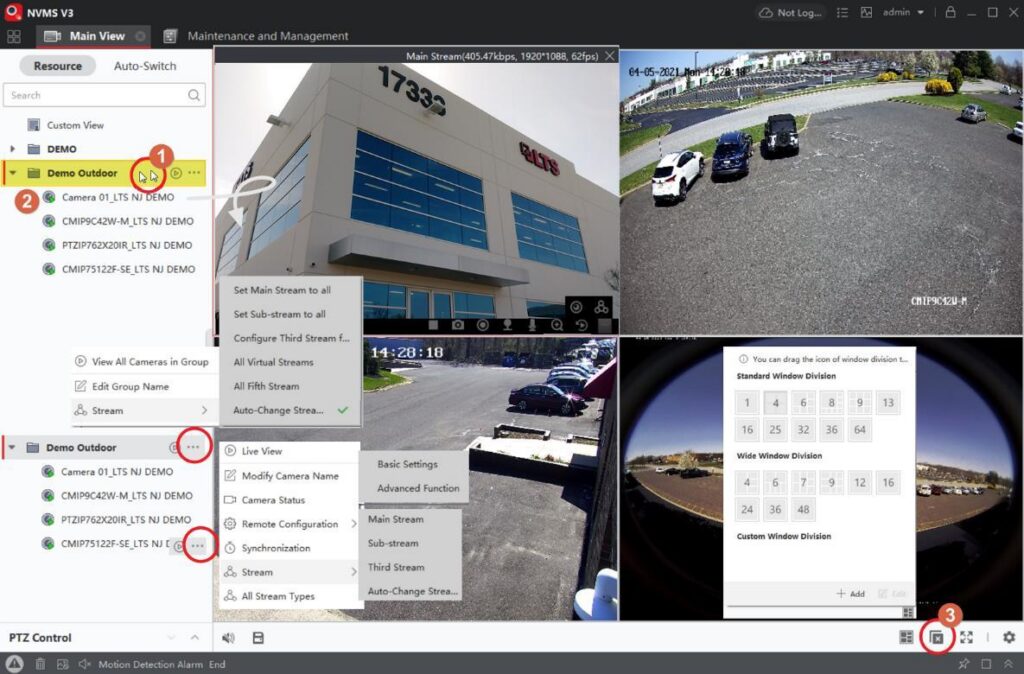NVMS V3 Main View: camera list, viewing windows and layout controls.