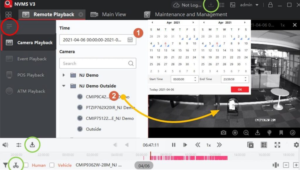 NVMS V3 Remote Playback: set the time range, then drag a camera into the viewing area.