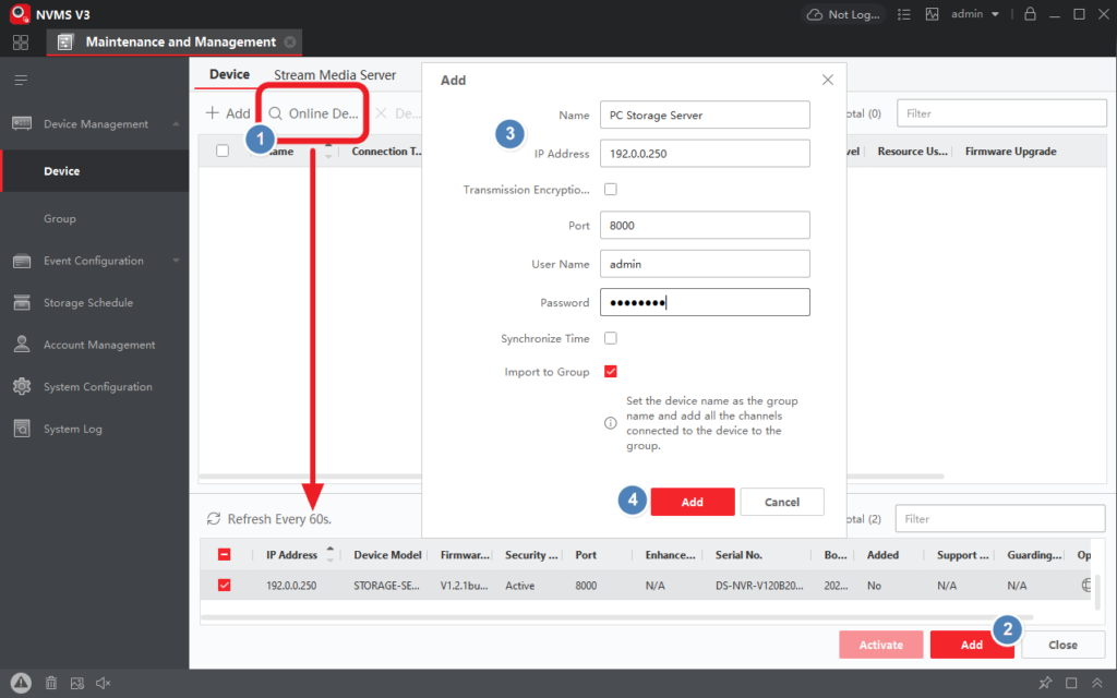 NVMS V3 Device Management: locate and add the storage server.