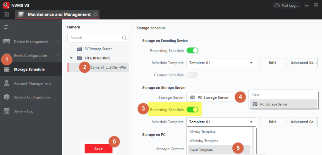 NVMS V3 Storage Schedule: choose the camera, recording schedule and PC storage server.
